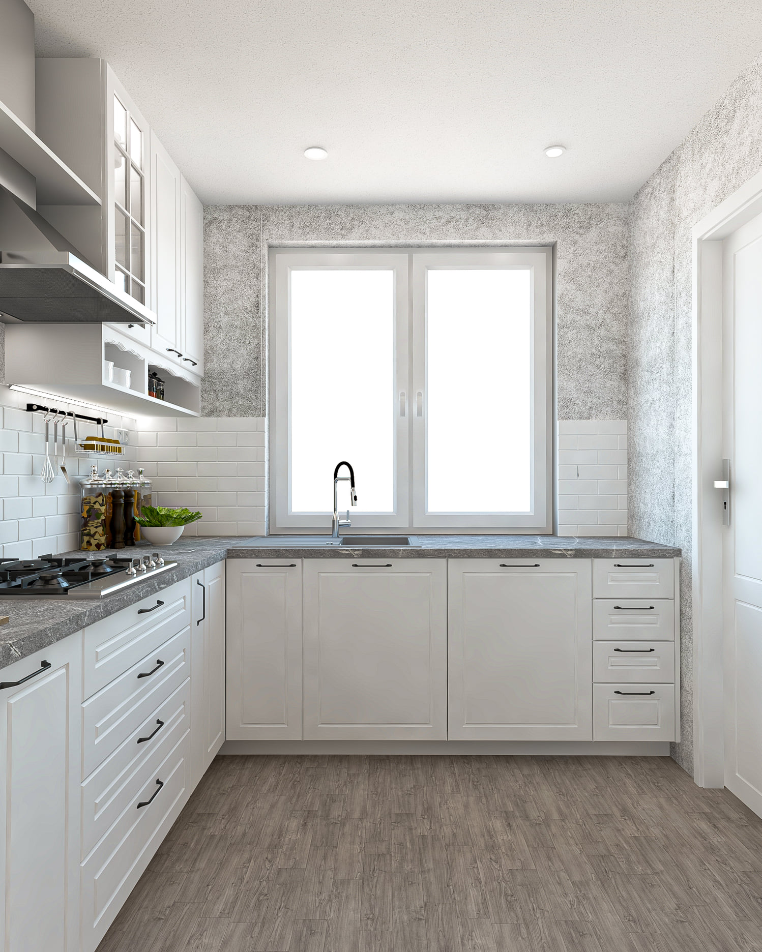 Kombinacia bielych skriniek a sivou pracovnou doskou